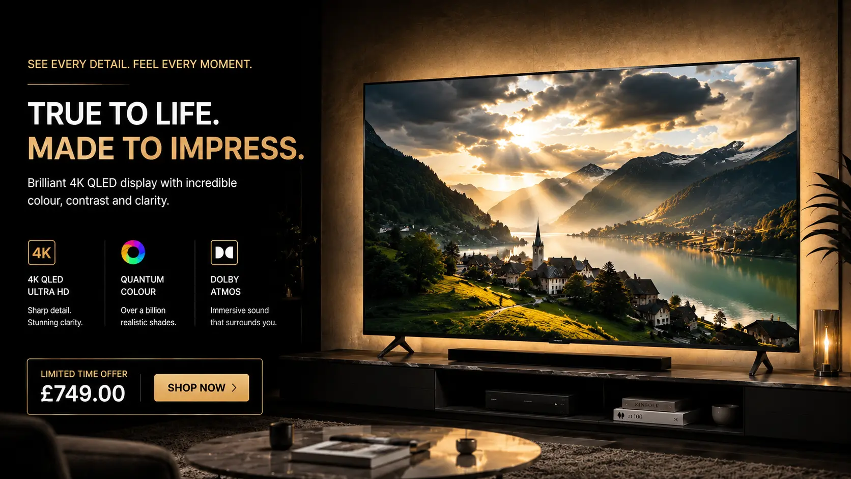 Home Premium 4K QLED smart TV hero section banner for UK electronics ecommerce website