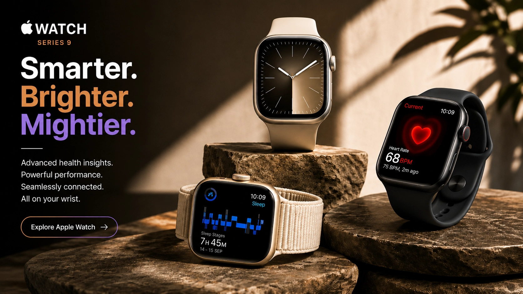 Home Apple Watch Series 9 premium smartwatch ecommerce hero banner for UK online electronics store
