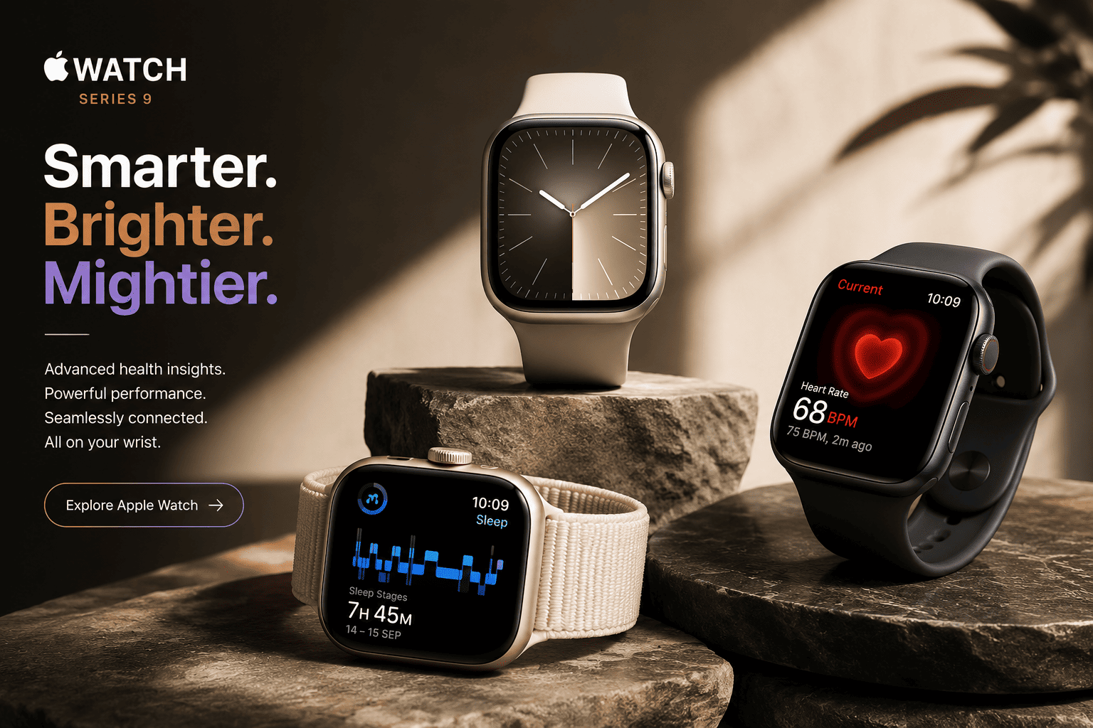 Apple Watch Series 9 luxury smartwatch promotional image for ecommerce homepage
