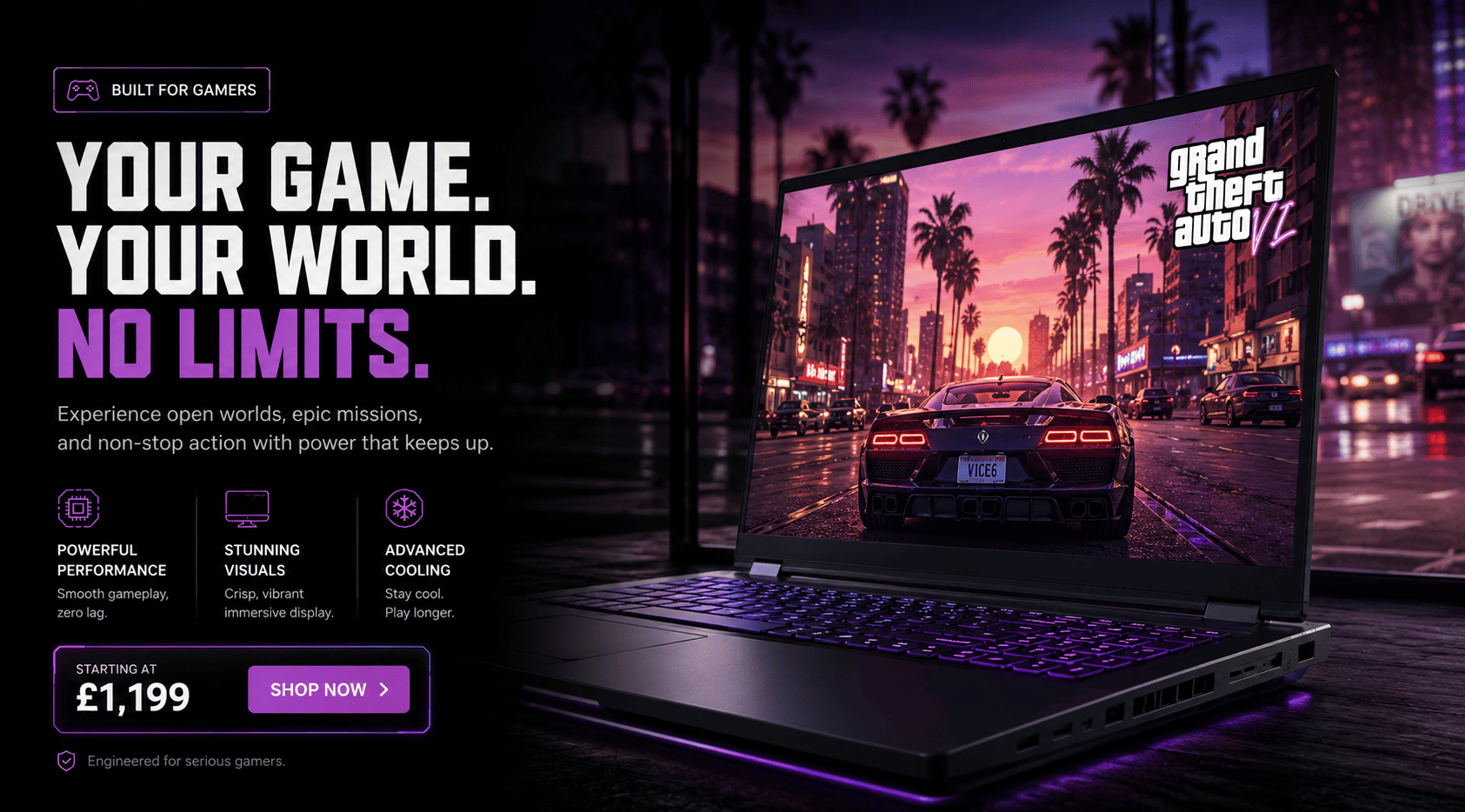Premium gaming laptop running GTA VI cinematic gameplay promotional banner