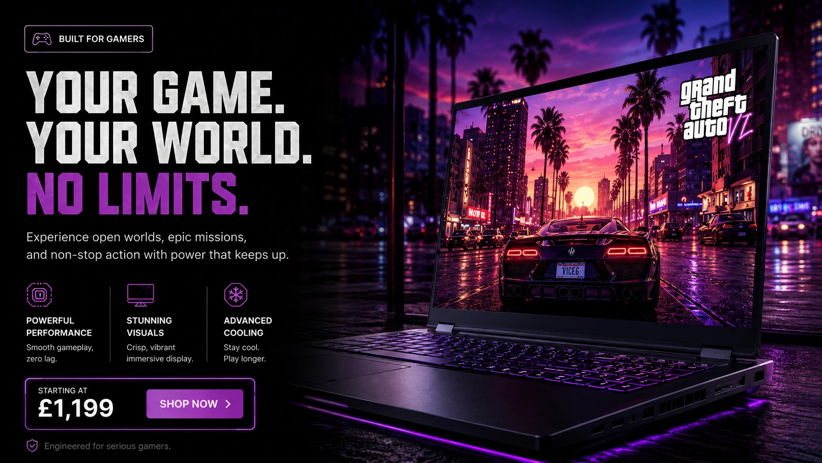 Home Premium RGB gaming laptop hero banner for UK electronics ecommerce website