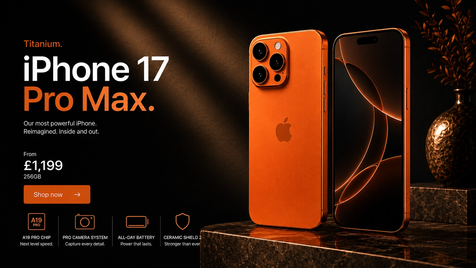 Home iPhone 17 Pro Max luxury smartphone ecommerce banner for UK electronics store