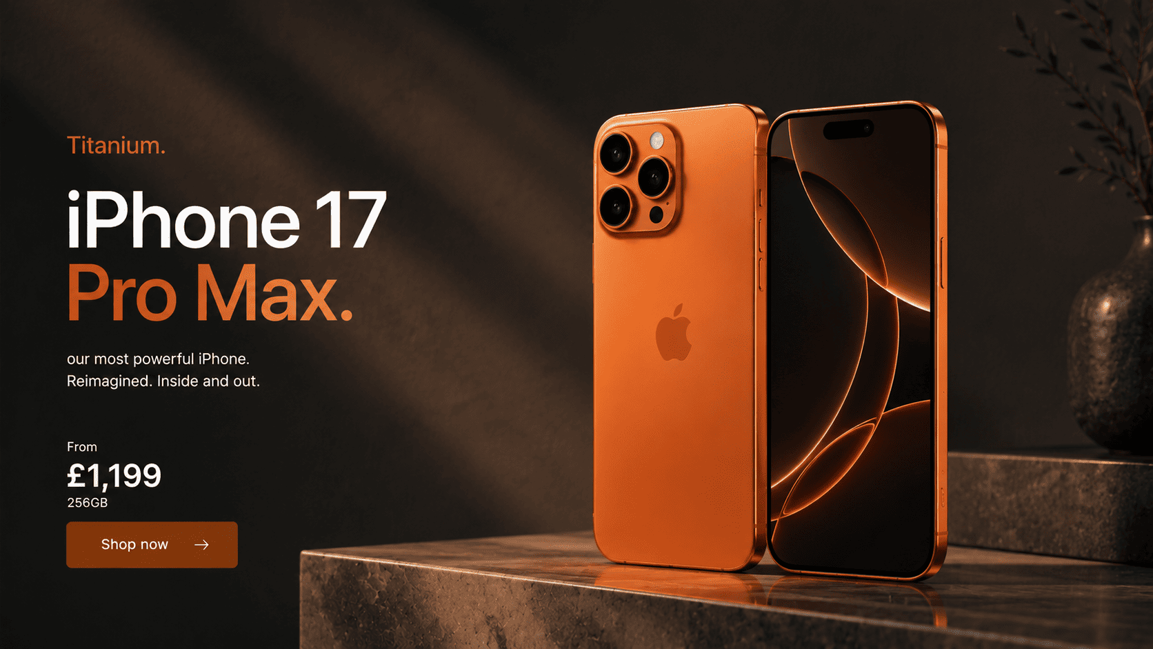 Apple iPhone 17 Pro Max orange titanium luxury smartphone promotional banner