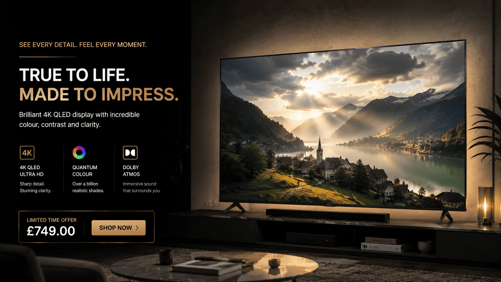 Premium 4K OLED QLED smart TV cinematic living room promotional image