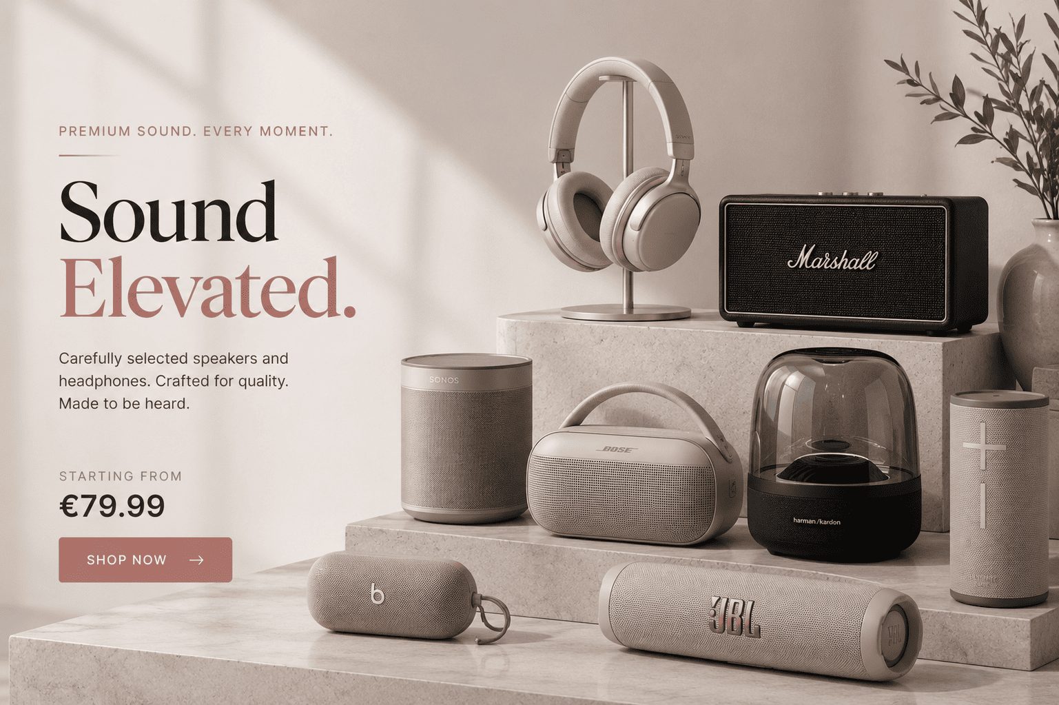 Premium wireless speakers and headphones luxury audio collection banner