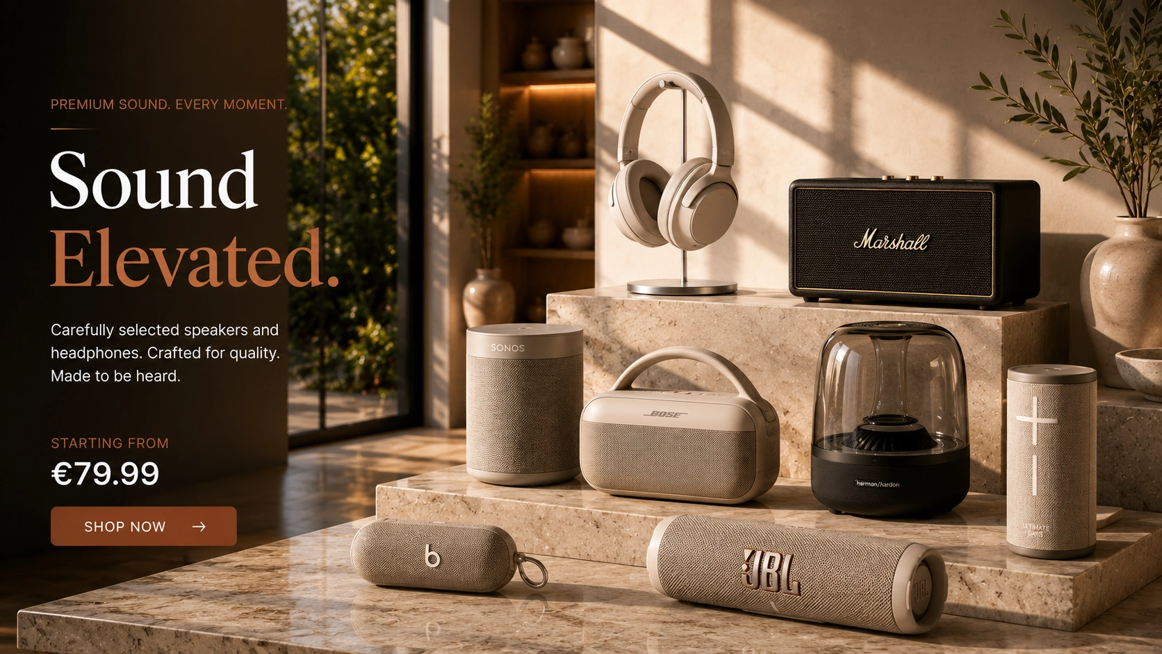 Home Premium speakers and wireless headphones ecommerce banner for UK electronics website