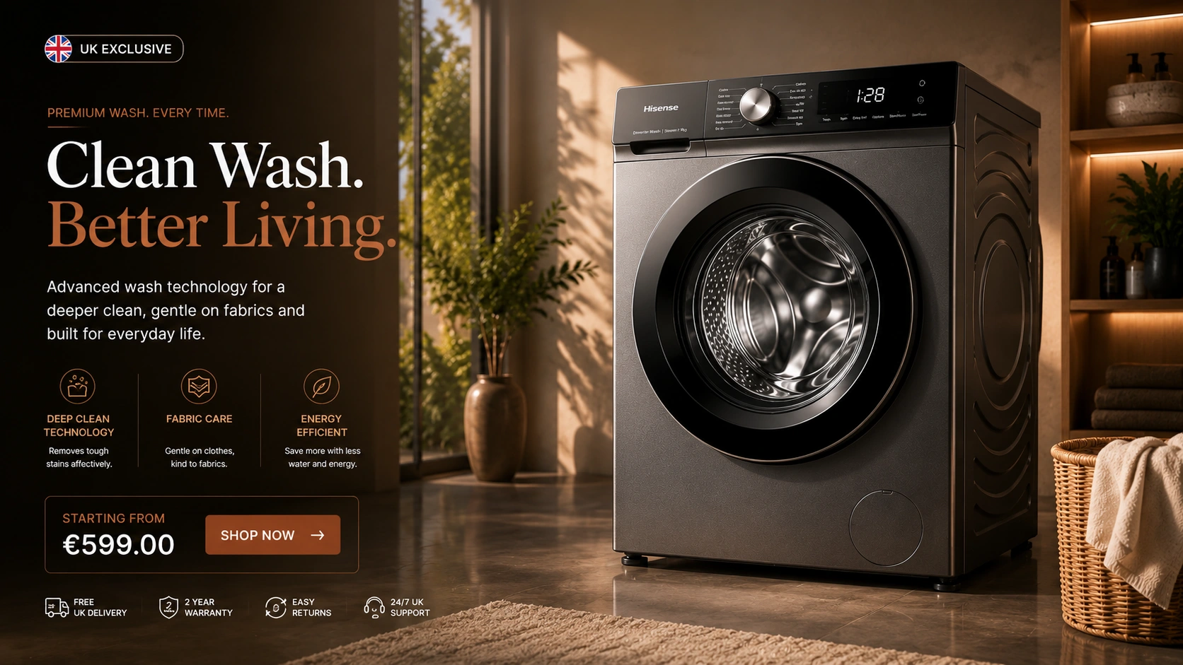 Home Modern premium washing machine hero banner for UK home appliances ecommerce website