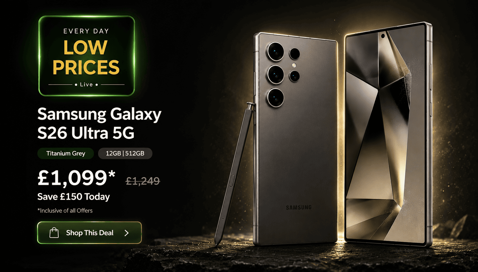samsung galaxy s26 ultra 5g uk.weSamsung Galaxy S26 Ultra 5G premium smartphone promotional banner for UK electronics store