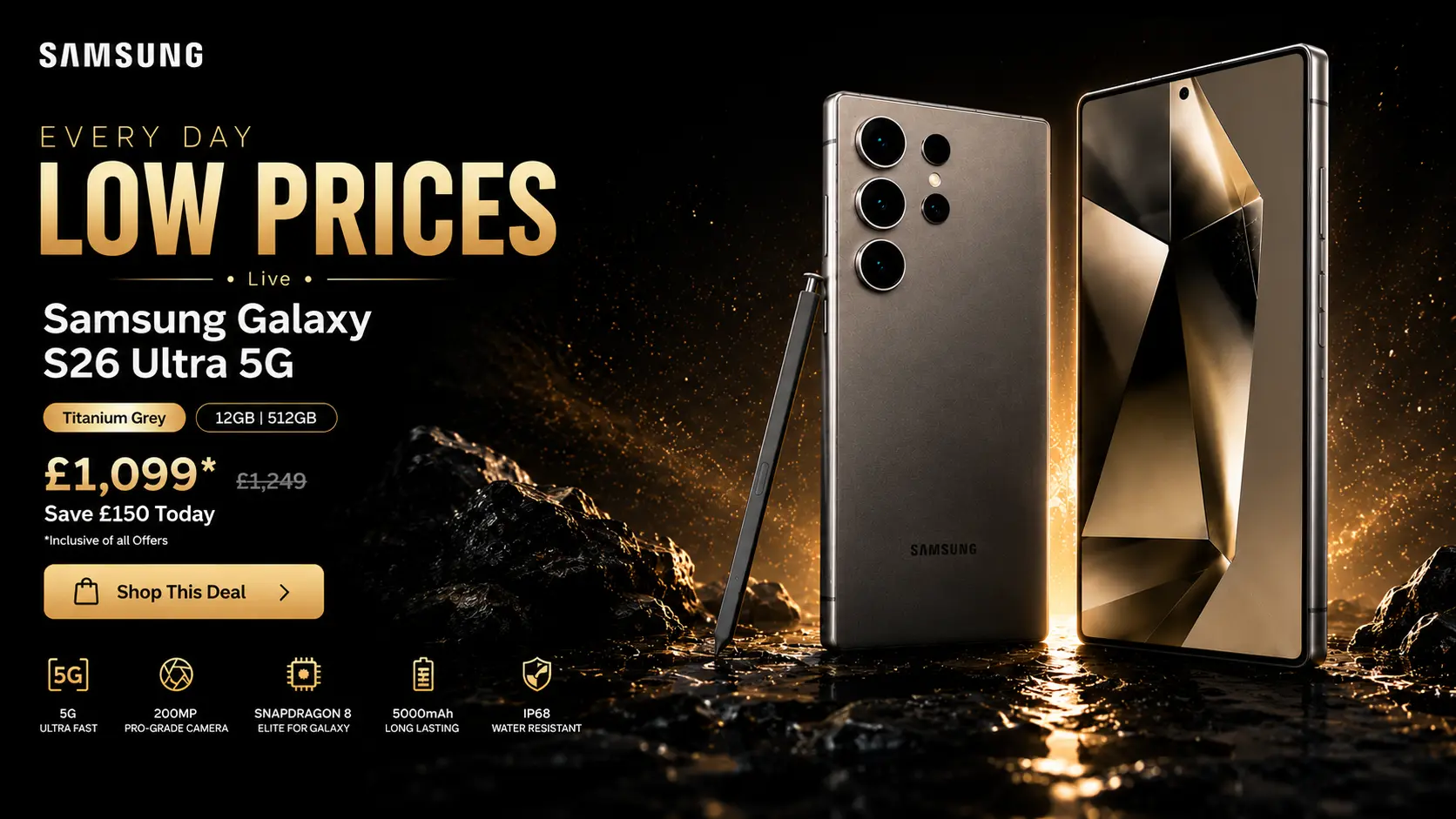 Home Samsung Galaxy S26 Ultra 5G premium smartphone hero banner for UK electronics ecommerce website