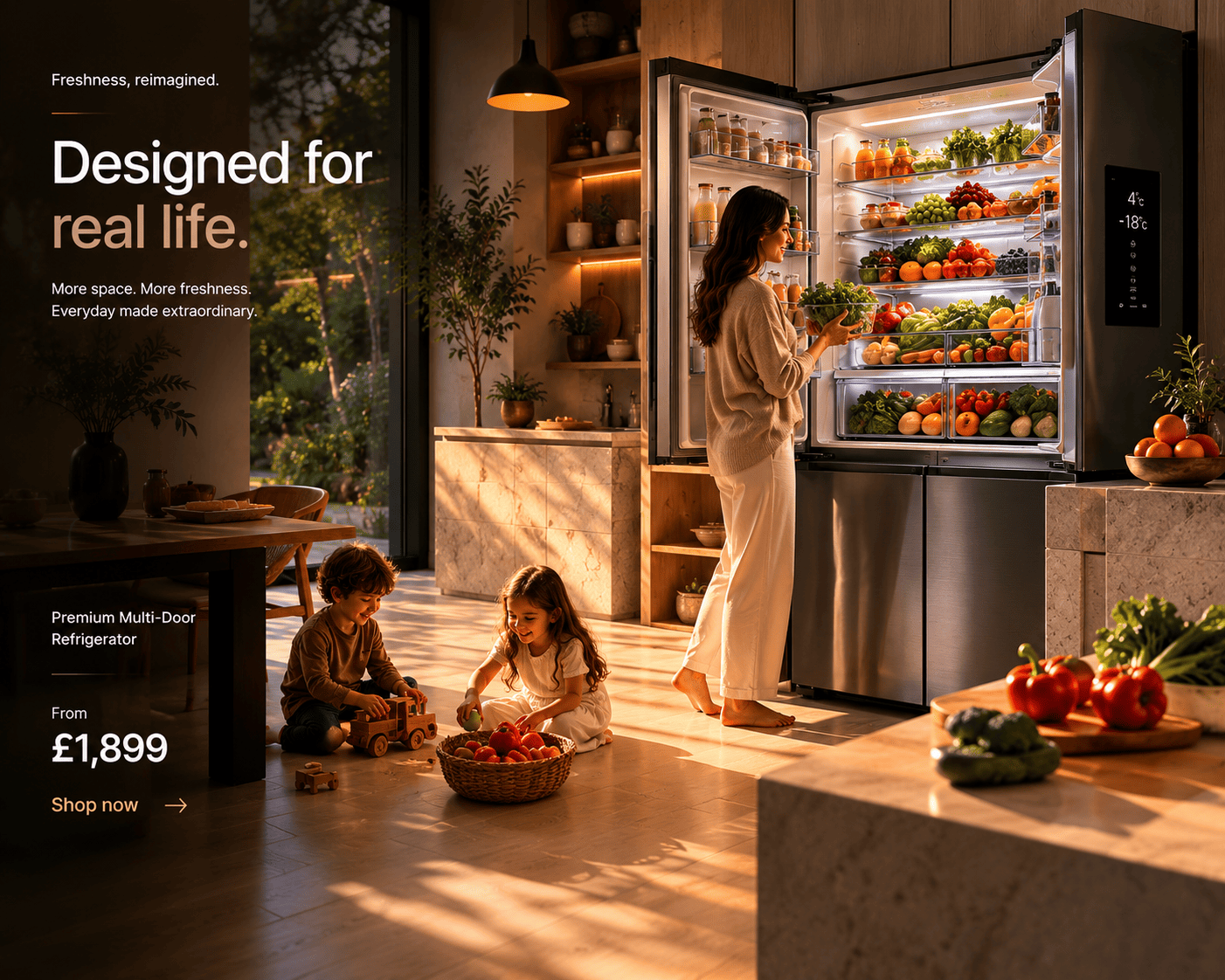 Luxury smart refrigerator with fresh fruits vegetables and family in modern kitchen