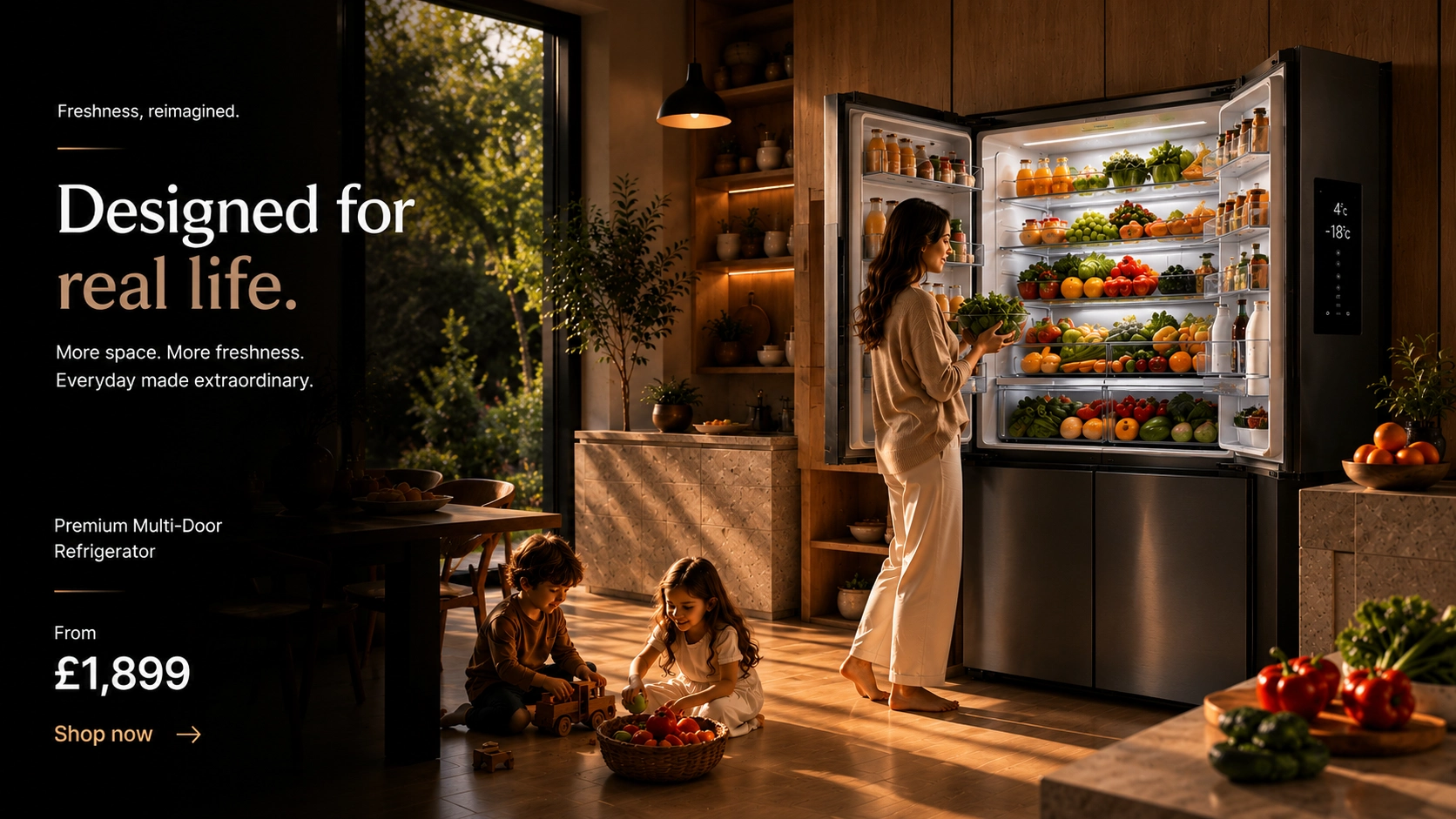 Home Modern smart refrigerator ecommerce hero banner for premium home appliances website